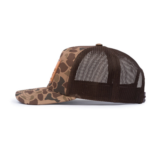 Leather Patch Trucker Cap - Bark Duck Camo / Brown